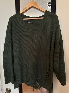 Olive Green V-Neck Distressed Women's Sweater